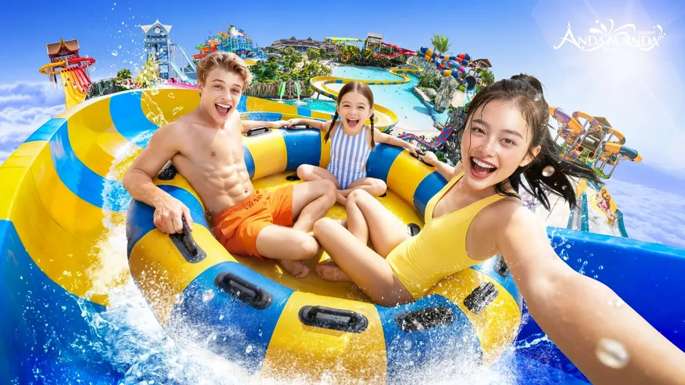 Riding a raft slide at Andamanda Phuket water park